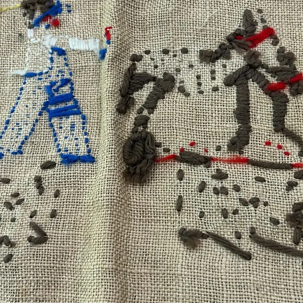 Vintage 1950s Handmade Primitive Farm Folk Art Embroidered Burlap Wall Hanging -